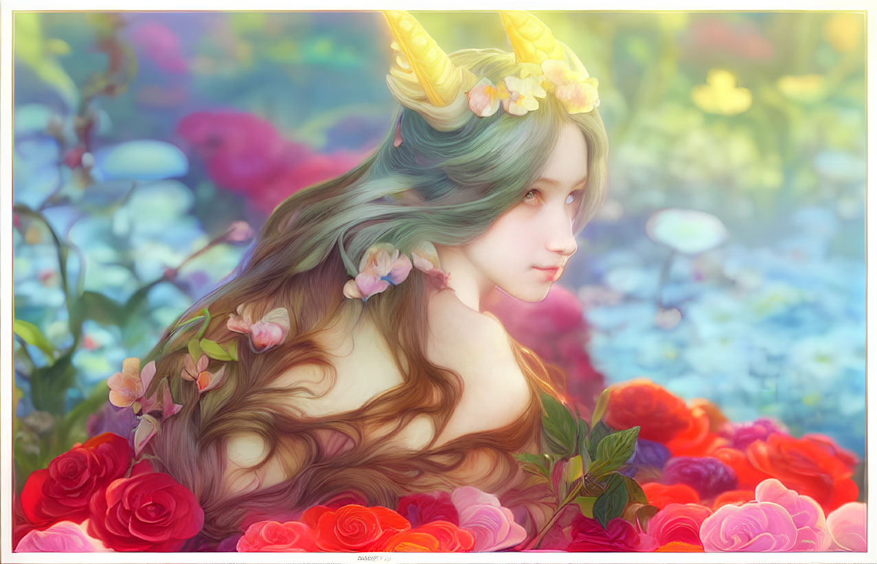 Fantasy creature with green hair and unicorn horn in floral garden