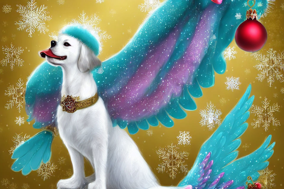 White Dog with Angelic Wings and Santa Hat on Golden Christmas Background