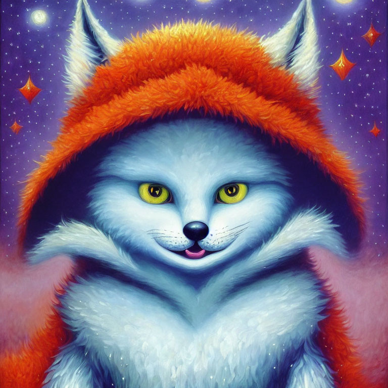 Blue-Furred Creature in Orange Cloak with Starry Night Background