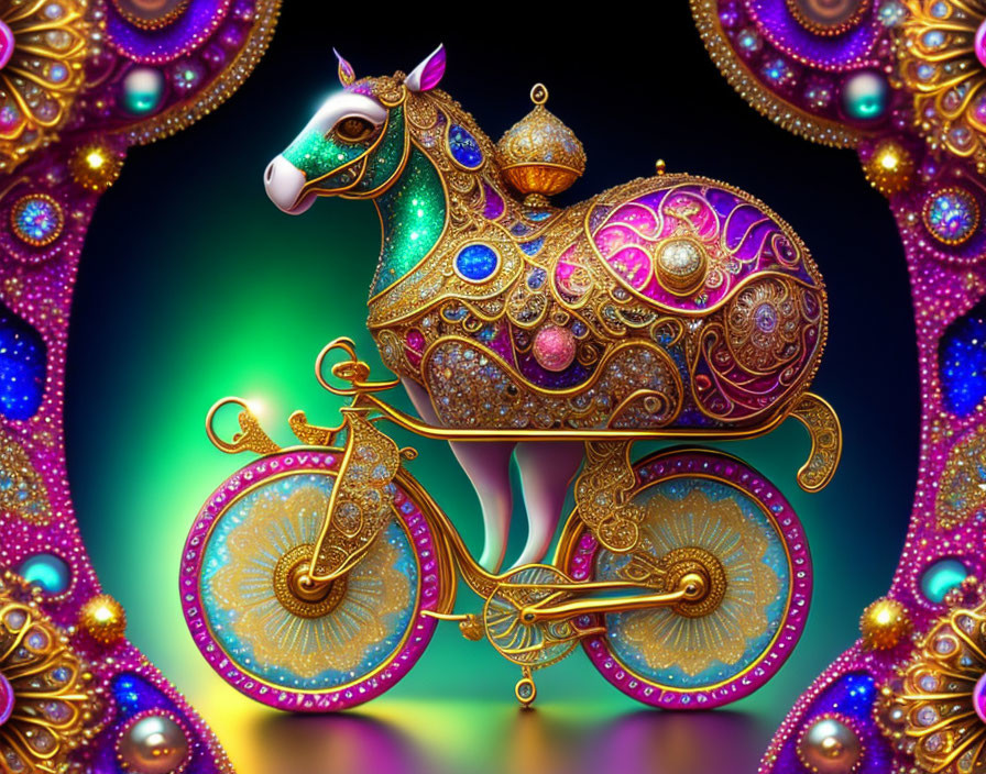 Colorful Horse-Head Bicycle with Ornate Patterns on Jewel-Toned Background