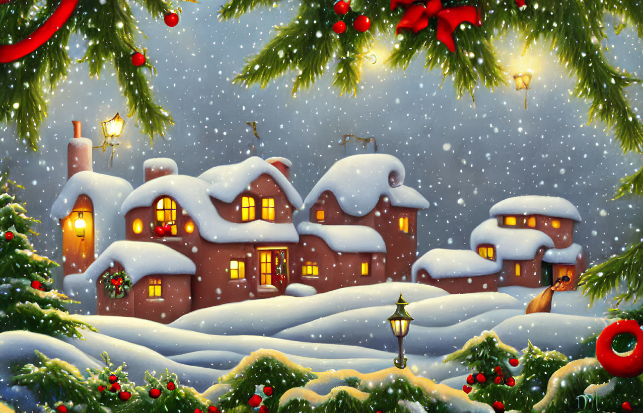 Winter Scene: Snow-Covered Houses and Christmas Decorations