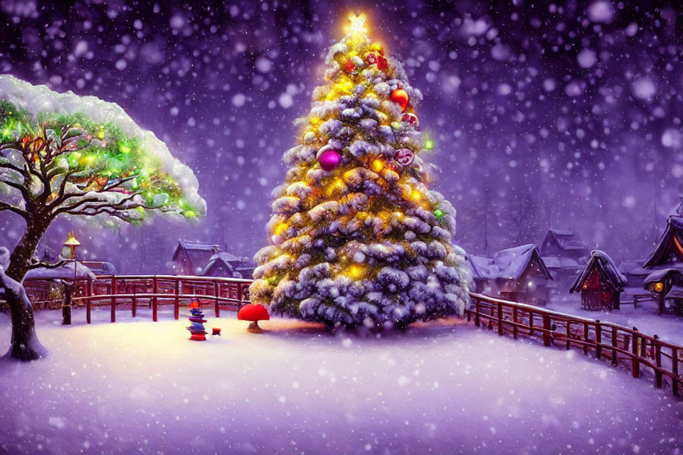 Colorful Decorated Christmas Tree in Snowy Night Landscape