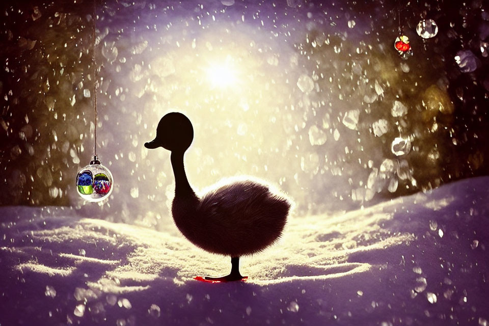 Silhouette of duck in snowy scene with falling snowflakes and Christmas ornaments