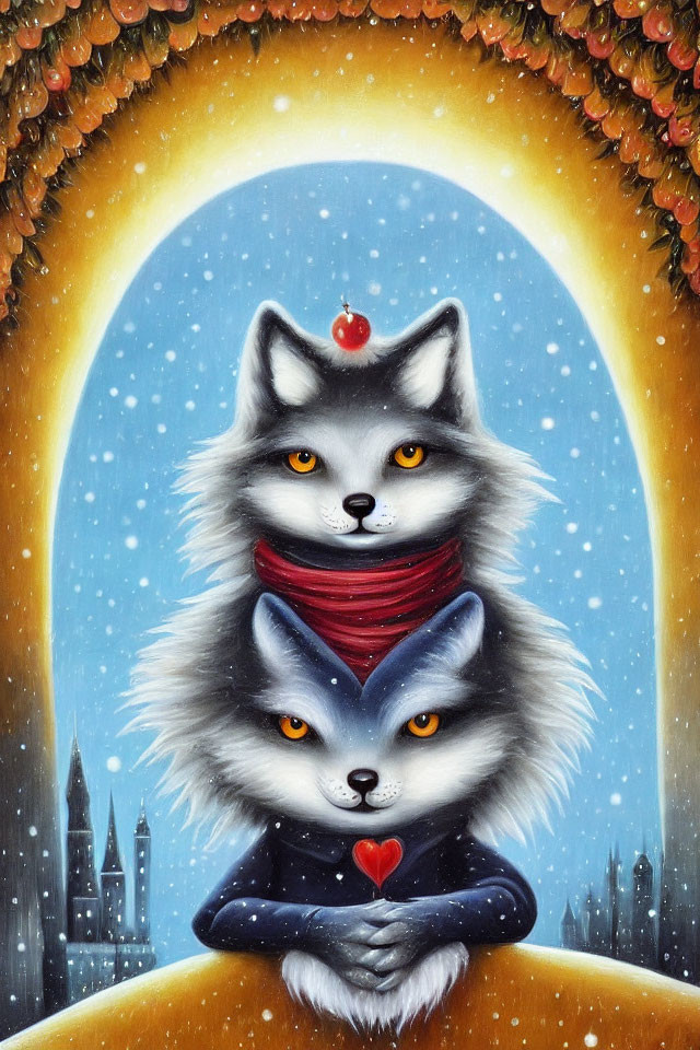 Stylized anthropomorphic foxes in winter attire embrace under snowfall