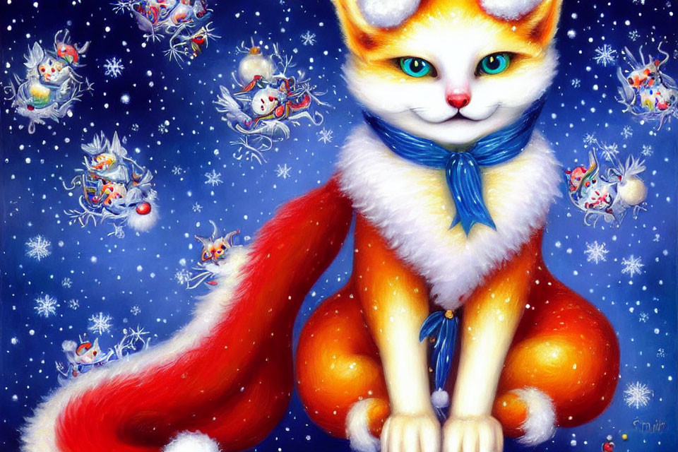 Whimsical illustration of large cat with fox tail in snowy scene