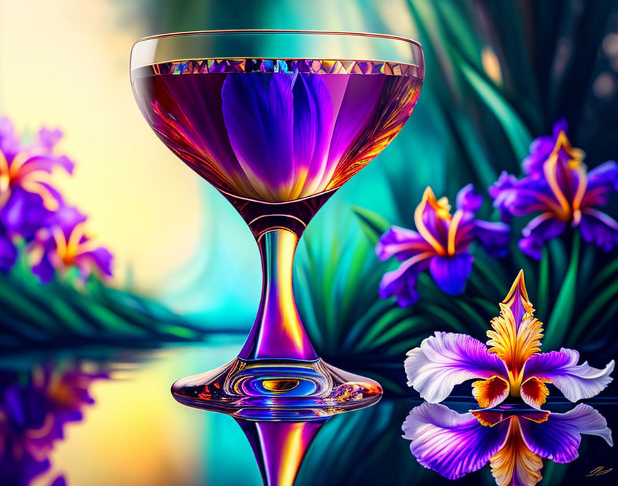 Iridescent Cocktail Glass with Tropical Purple Flowers and Green Foliage