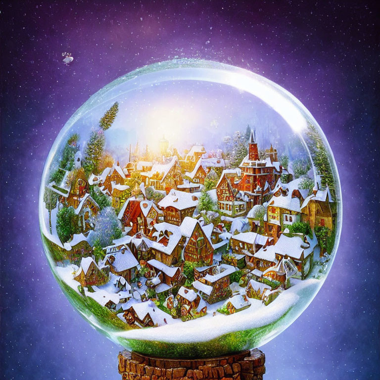 Snow-covered village in glass snow globe under starry sky at sunrise