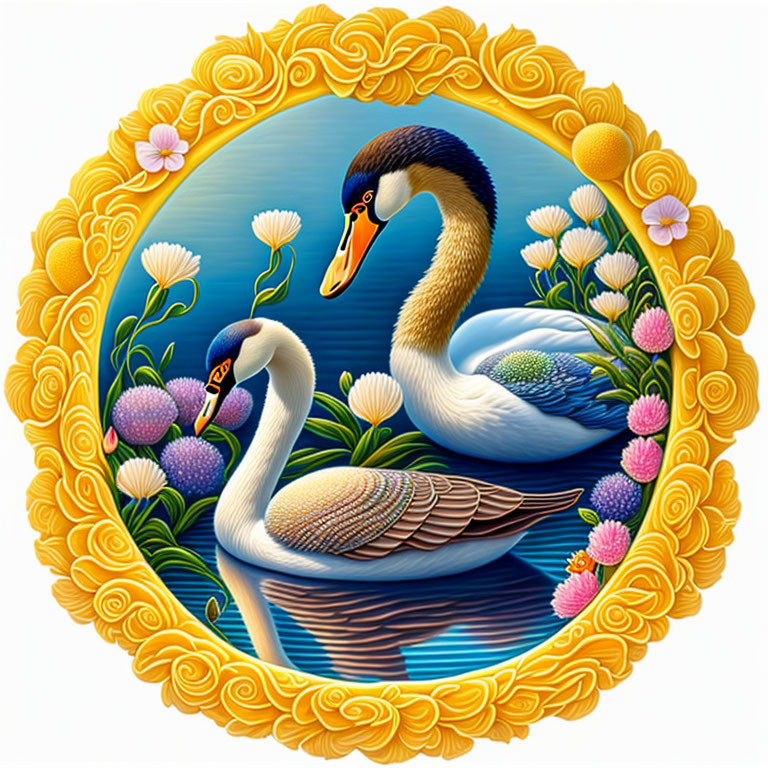 Elegant swans with elaborate feathers in golden frame amid lotus flowers