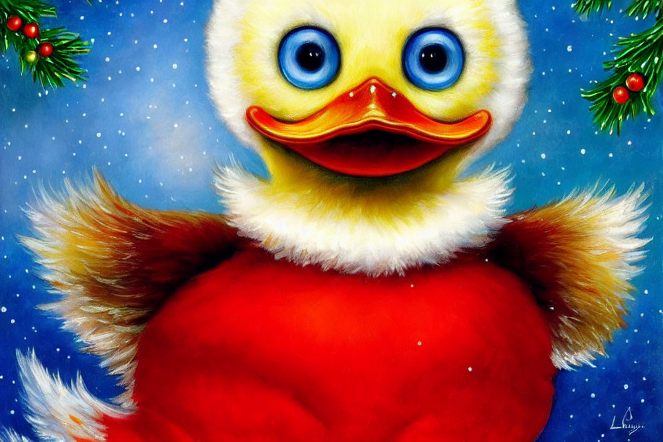 Whimsical duck character in festive attire on wintry blue background