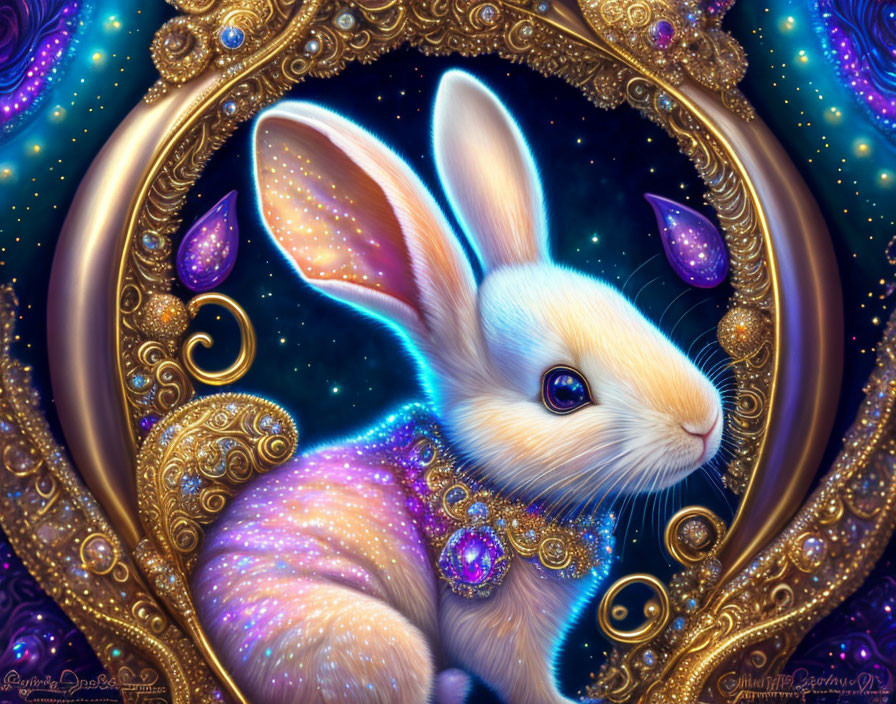 Detailed artwork: White rabbit in golden frame with cosmic background