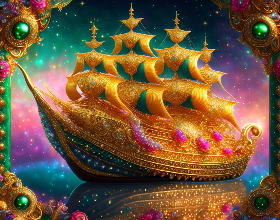 Golden ornate ship with multiple sails in cosmic background.