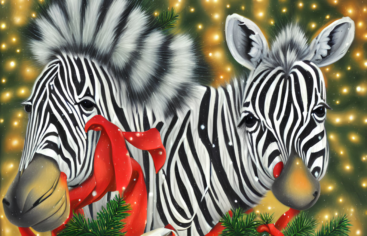 Illustrated Zebras in Christmas Attire on Festive Background