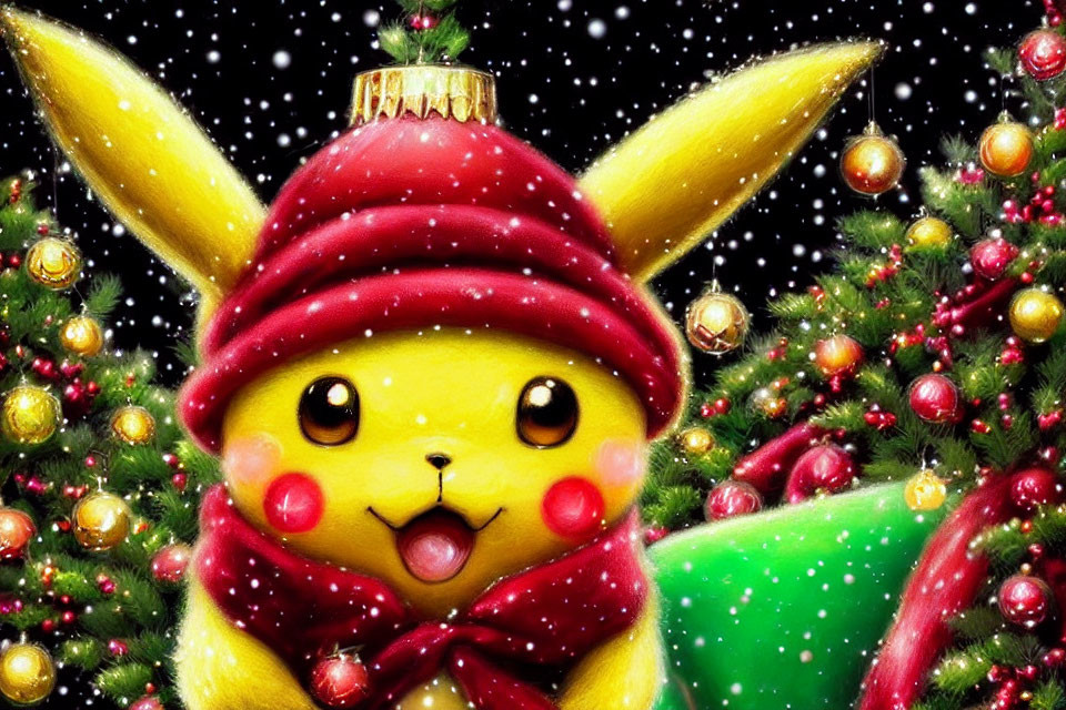 Festive Pikachu with Santa hat and scarf among Christmas trees