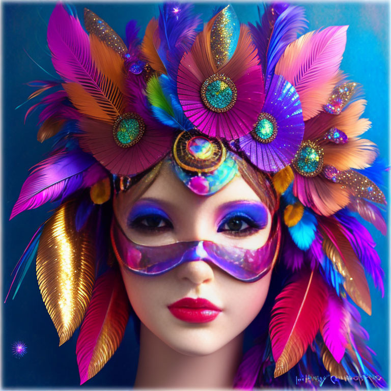 Colorful masquerade mask with feathers and makeup on person against blue backdrop