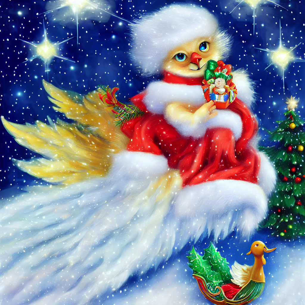 Whimsical cat as Santa Claus with wings, sleigh, and rubber duck in snowy scene