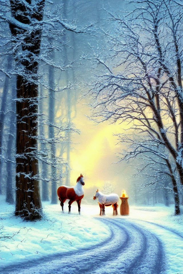 Winter Forest Scene: Snow-covered Path, Brown and White Horses, Golden Sunrise