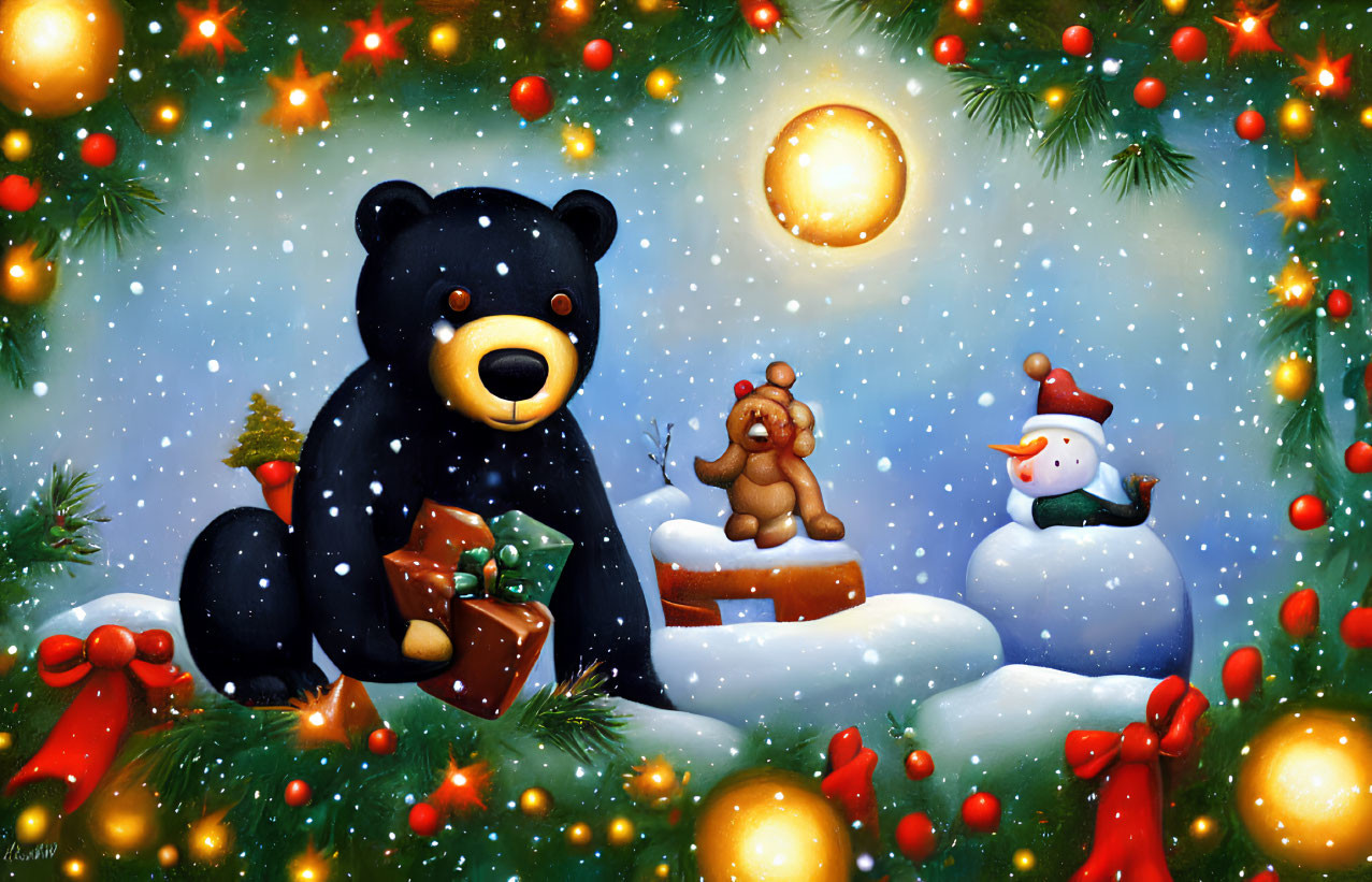 Whimsical holiday scene with black bear, teddy bear, snowman, lights, snowfl