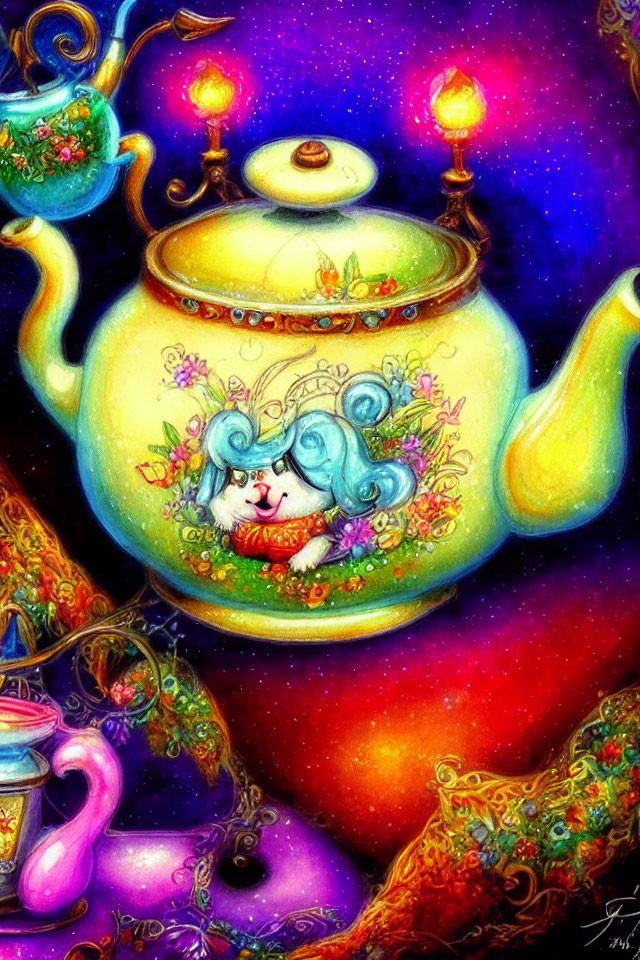 Colorful Teapot Illustration with Ornate Objects and Flamingo on Starry Background