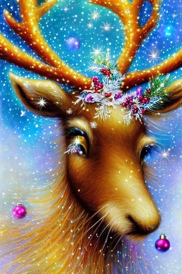 Illustration of festive reindeer with sparkling antlers in starry sky