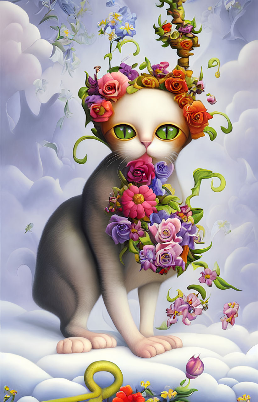 Grey Cat with Green Eyes Surrounded by Colorful Flowers and Cloudy Sky