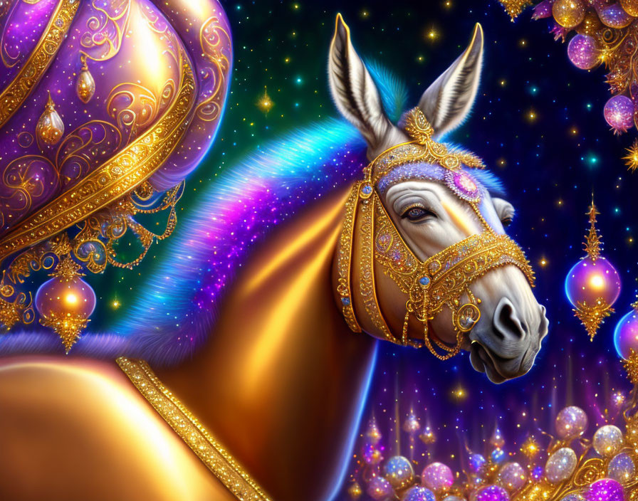 Colorful Digital Artwork: Decorated Donkey in Cosmic Setting