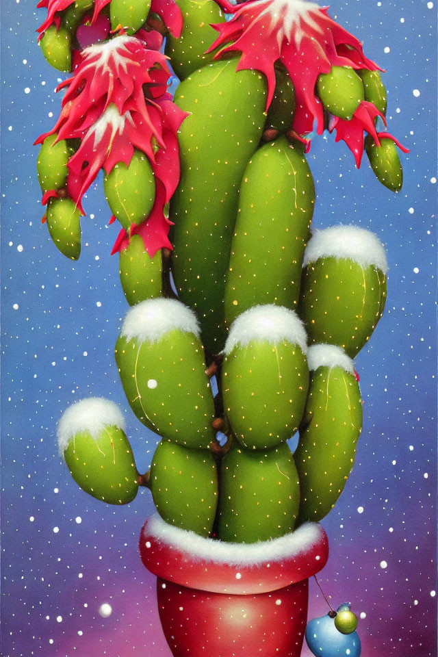 Pink Flowered Festive Cactus with Snow in Red Pot on Blue Background