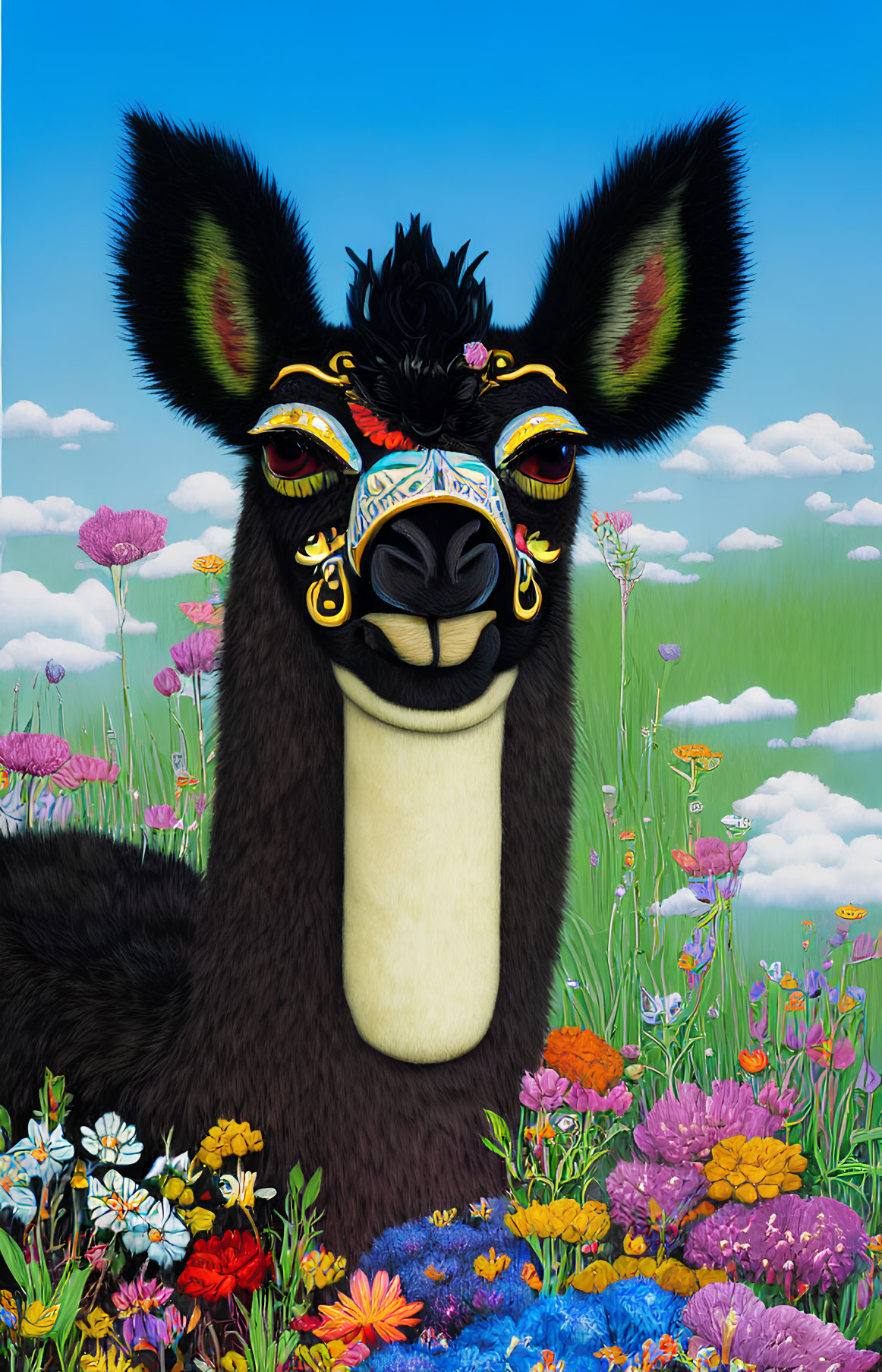 Whimsical smiling llama in colorful setting