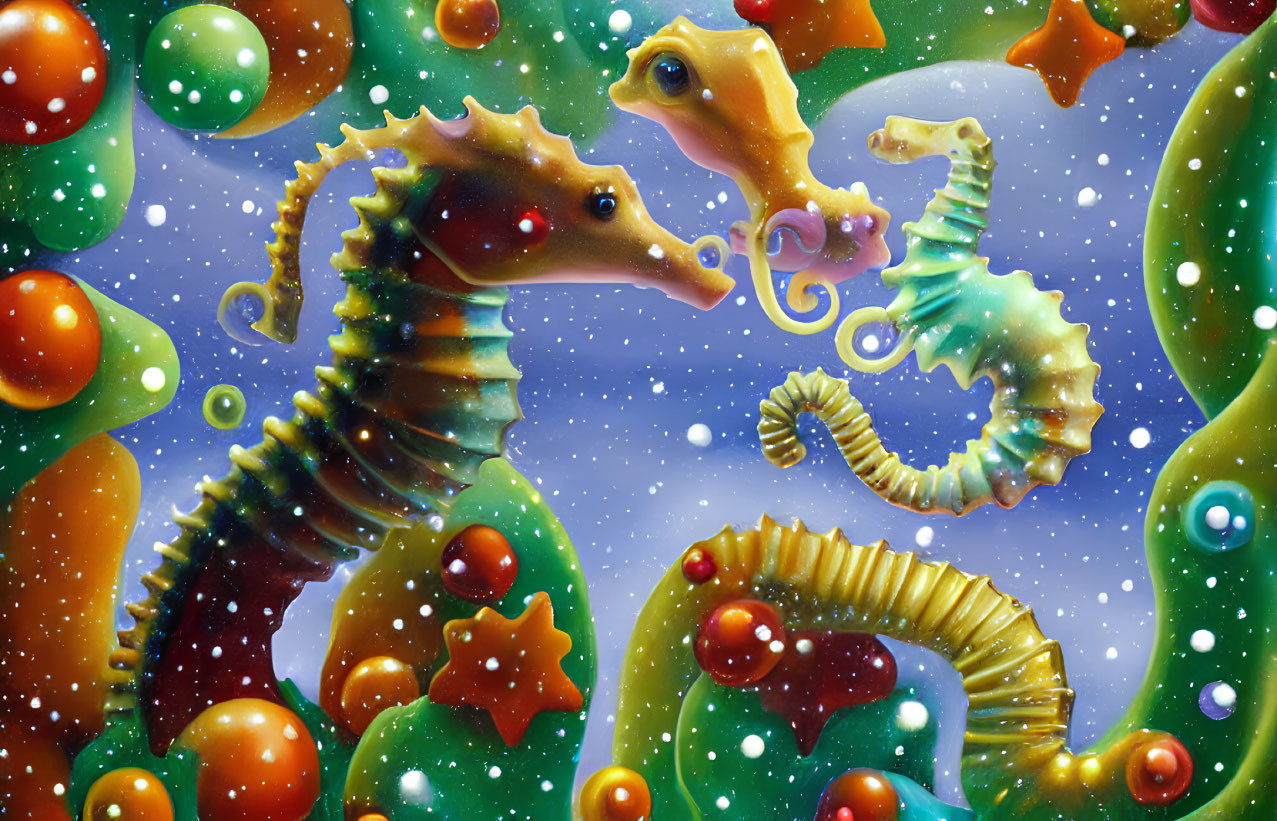 Vibrant Seahorse Illustration with Bubbles and Star-like Speckles