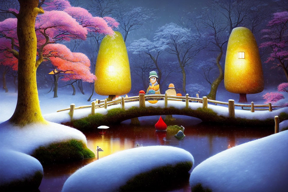 Child on bridge in whimsical winter garden with glowing trees and serene pond