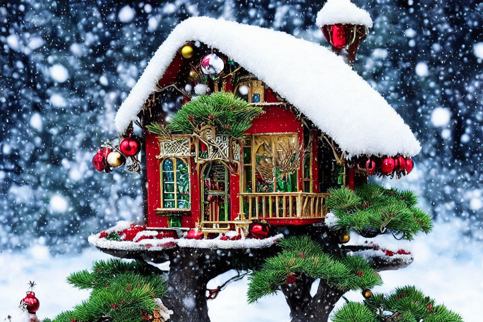 Miniature Christmas house on snow-covered bonsai tree in falling snowflakes