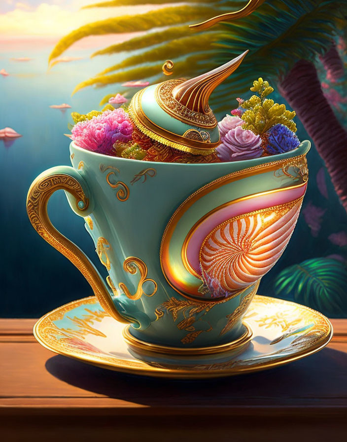 Colorful Shell and Floral Teacup with Golden Accents on Tropical Background