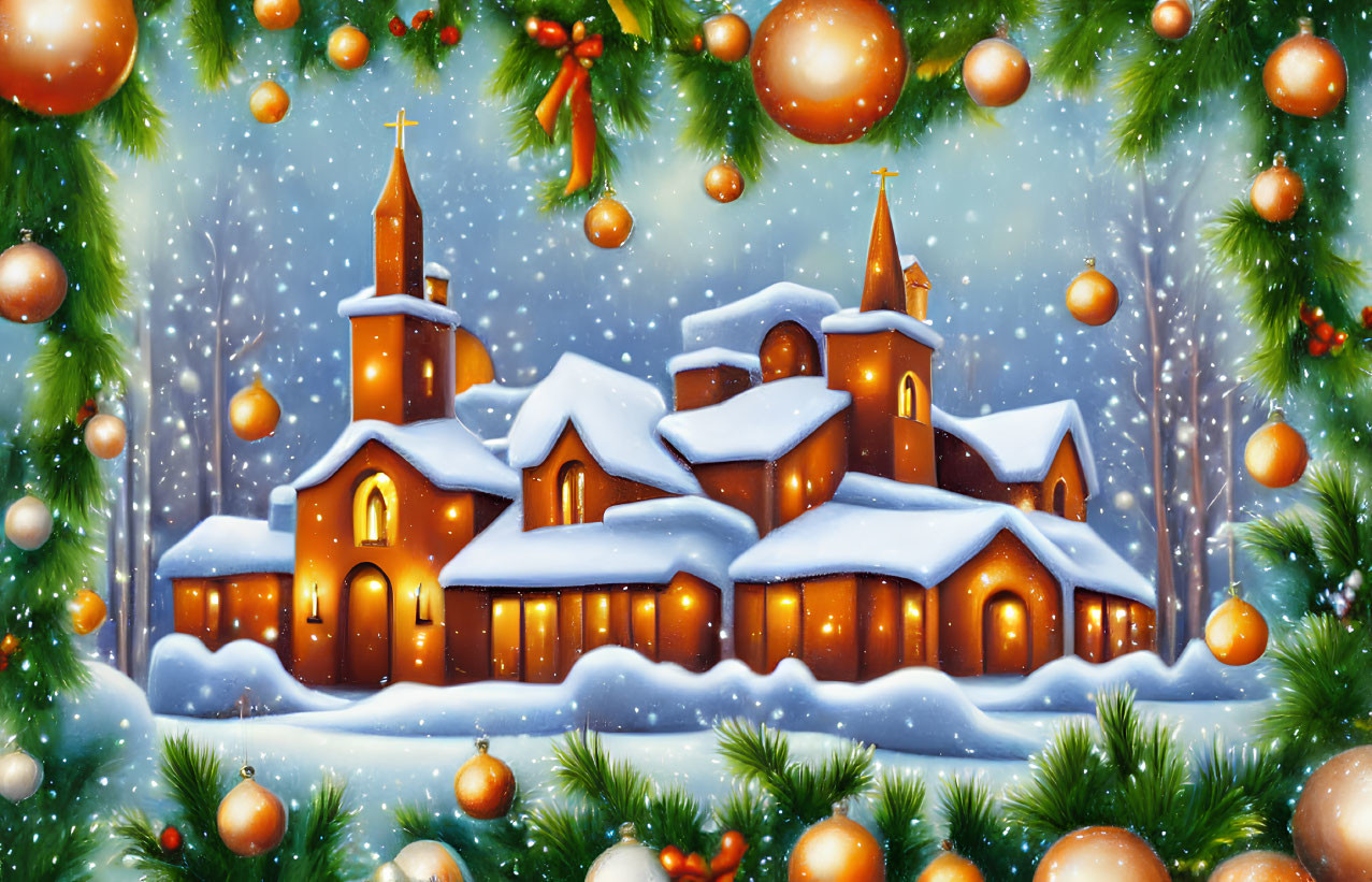 Snowy Church Scene with Glowing Windows and Christmas Decor