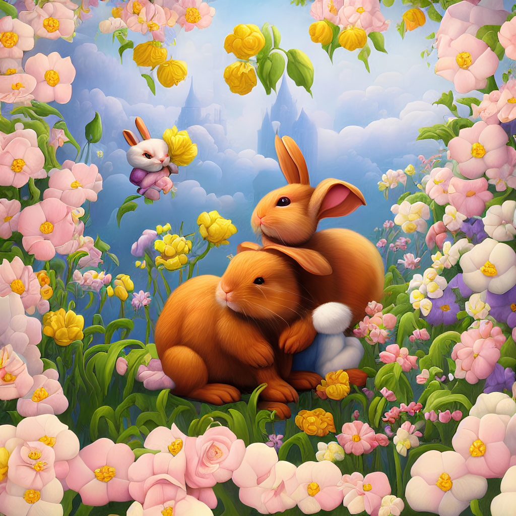 Vibrant orange rabbits with white bunny and castle in floral setting