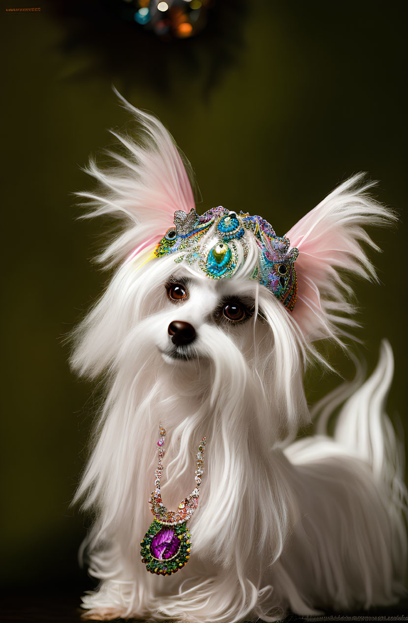 Fluffy white dog in jeweled headpiece and necklace on soft background