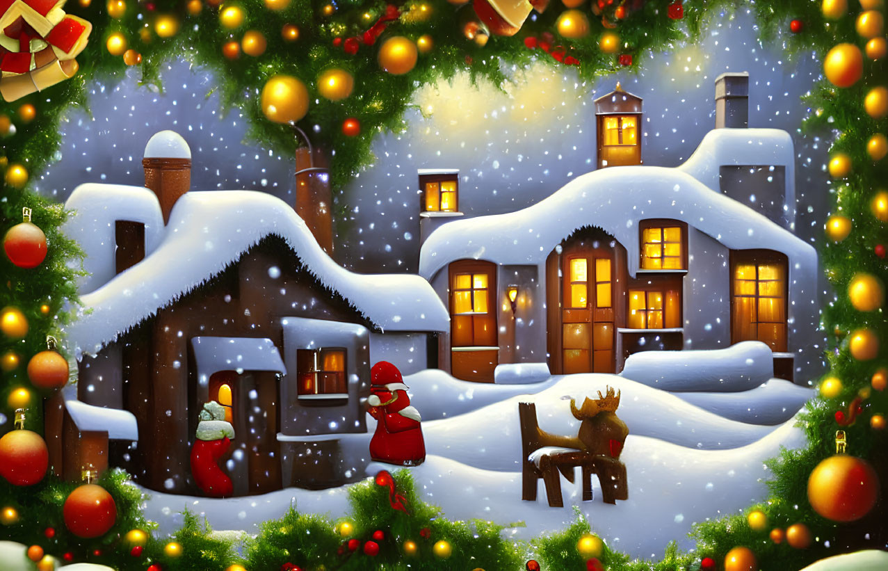 Winter Scene: Snow-covered Houses, Festive Decorations, Snowman, Reindeer, Falling