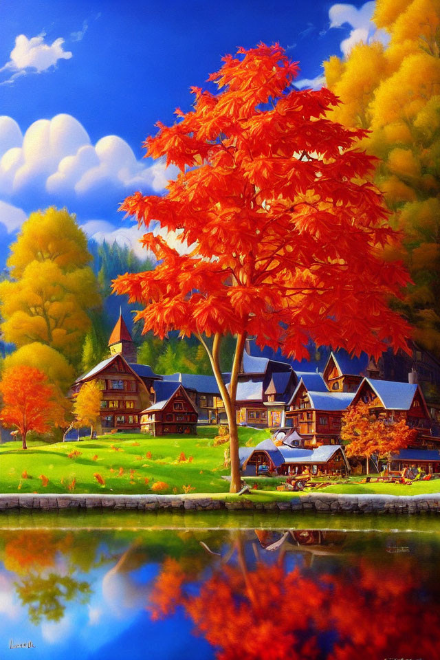 Scenic autumn landscape with red maple tree, blue lake, and cozy houses nestled in fall foliage