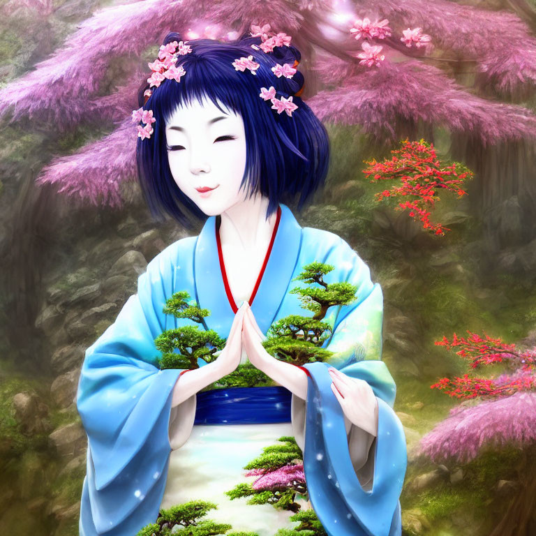 Blue-haired animated character in kimono meditating among cherry blossoms