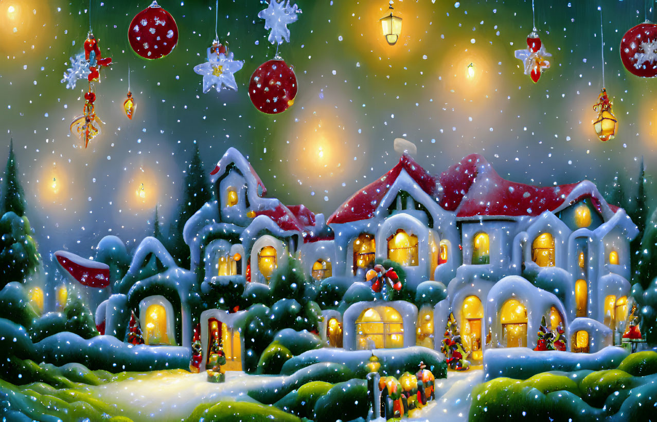 Snowy Holiday Scene: Warmly Lit House with Christmas Decorations