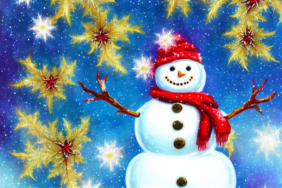 Cheerful snowman in red scarf and hat with golden snowflakes on blue sky