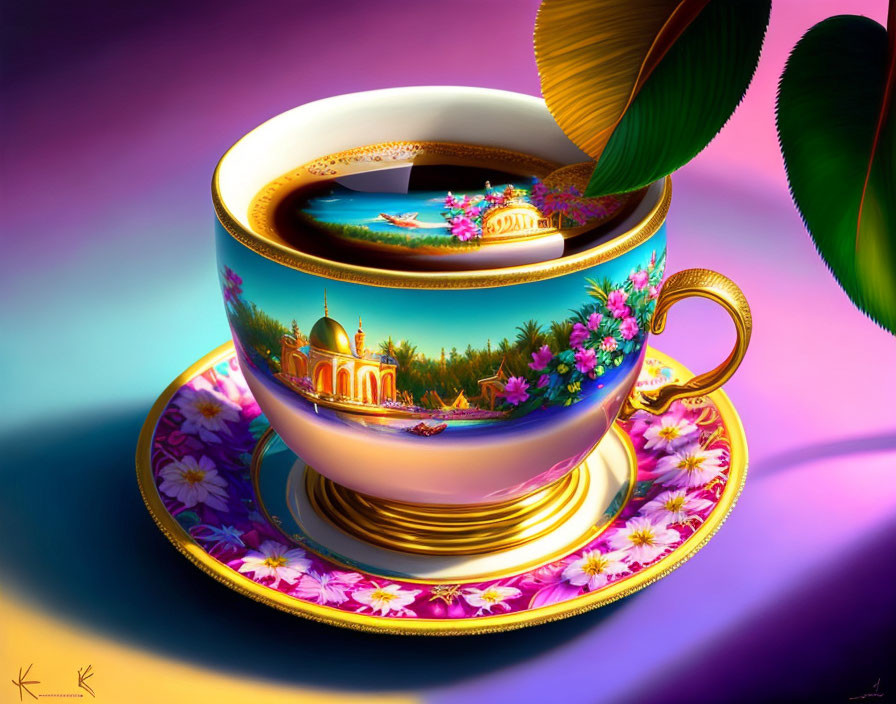 Colorful Illustration of Ornate Cup with Coffee on Gradient Background