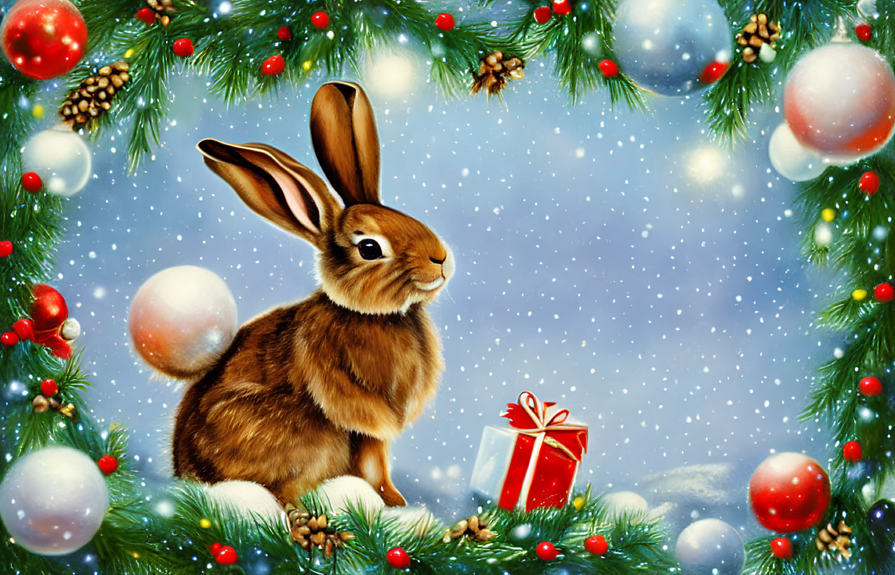 Brown Rabbit with Red Gift in Christmas Wreath Scene