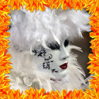 Elaborate carnival mask with feathers and sequins on vibrant backdrop