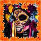 Colorful Feathered Venetian Mask on Glittery Orange Background