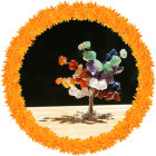 Colorful tree illustration in orange circle on black background with intricate roots