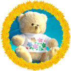 Smiling bear with cubs in floral wreath and butterflies