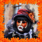 Child in Golden Mask with Feathered Costume Surrounded by Orange Flowers