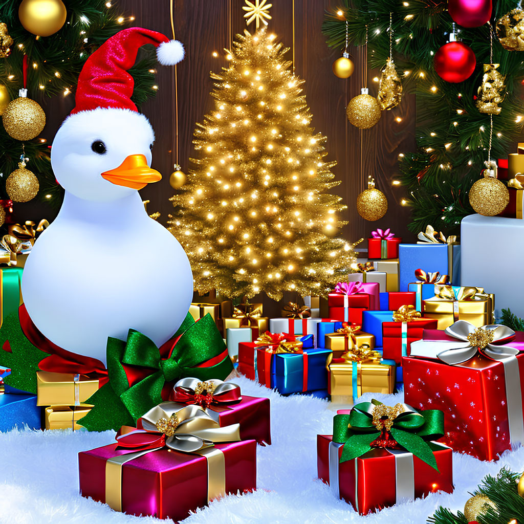 Festive Cartoon Snowman with Santa Hat and Gift Boxes by Christmas Tree