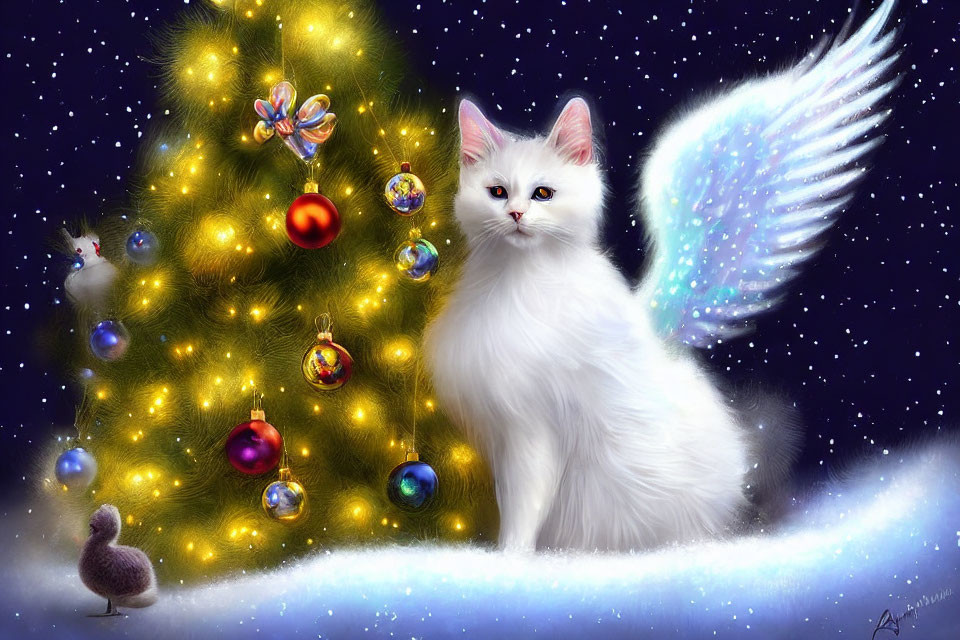 White Angelic Cat with Wings Beside Christmas Tree and Snowflakes