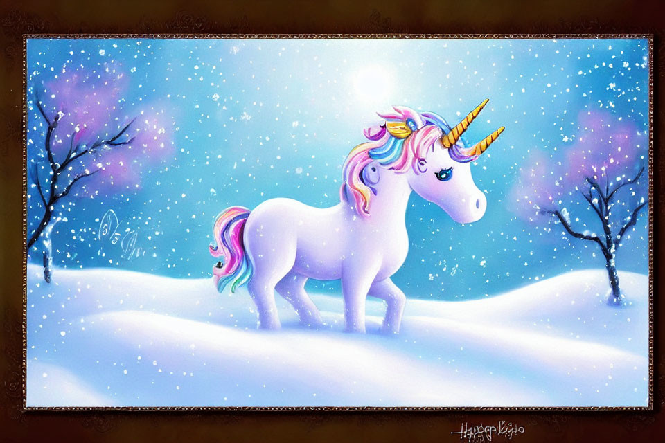 Illustrated unicorn with rainbow mane in snowy landscape with bare trees under starry sky