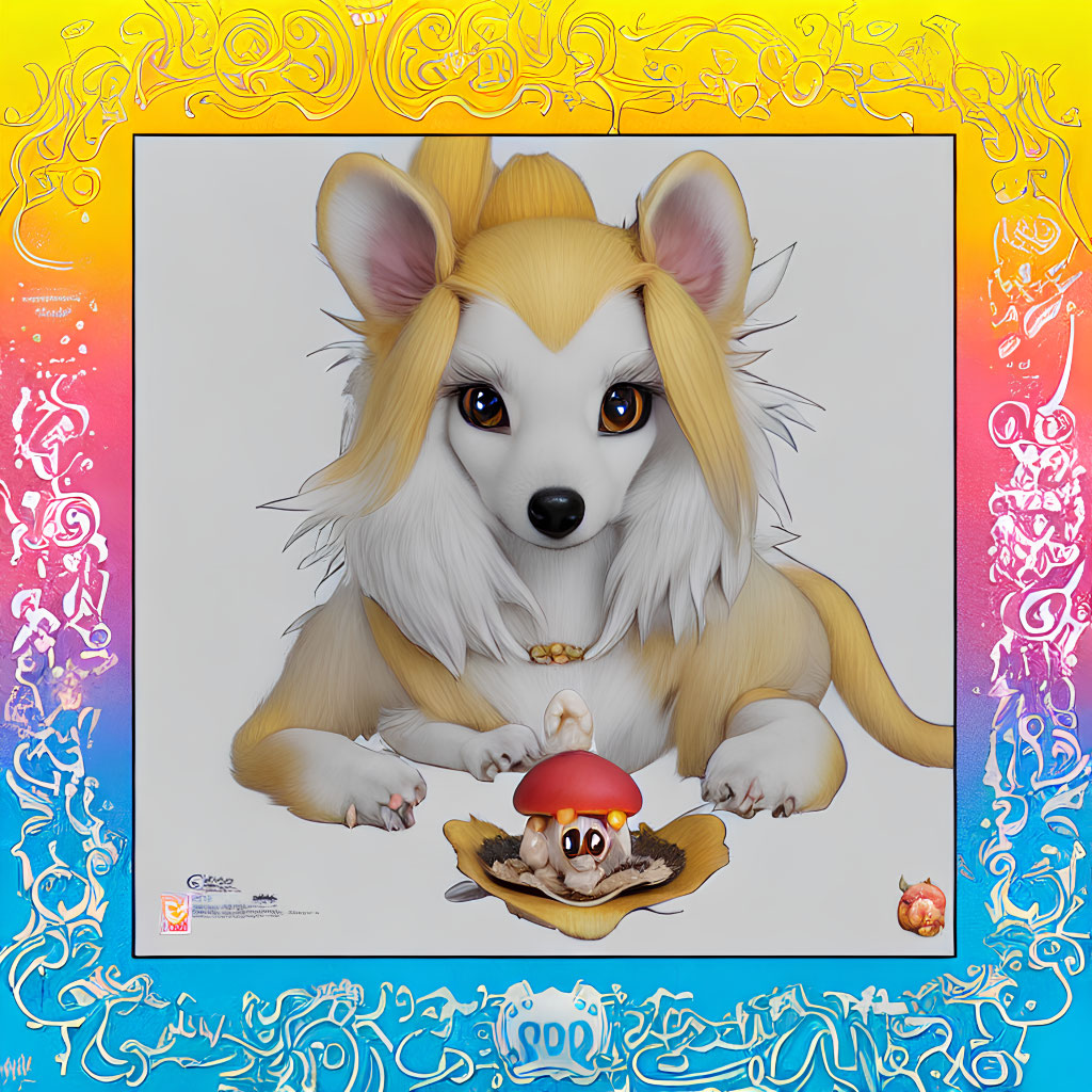 Stylized anthropomorphic dog with golden fur and red cap beside a bowl and peach on vibrant background